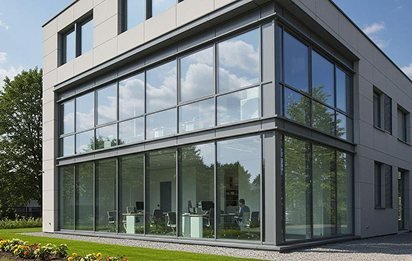 Gewerbegebäude mit großflächiger Aluminium-Fensterfassade