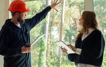 Bauleiter und Kundin bei der Projektbesprechung auf der Baustelle